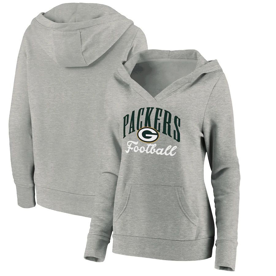 Women Green Bay Packers Fanatics Branded Heathered Gray Victory Script V-Neck Pullover Hoodie